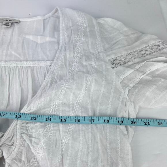 American Eagle V-Neck Gauzy Lace Tie-Front White Blouse Top BOHO L - Picture 13 of 14